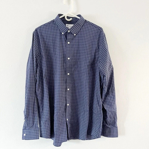 Gap Mens Navy Window Pane Button Up Shirt Sz L Standard Fit Performance Cotton - Picture 1 of 12